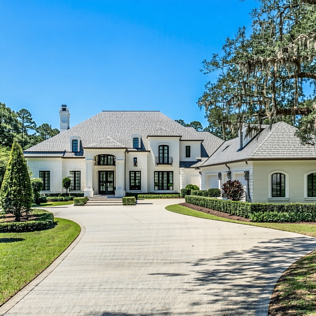 The image showcases a stunning property in South Carolina ideal for potential buyers seeking a jumbo loan Highlighted features include a spacious modern home with elegant architectural details lush landscaping and a picturesque setting that embodies